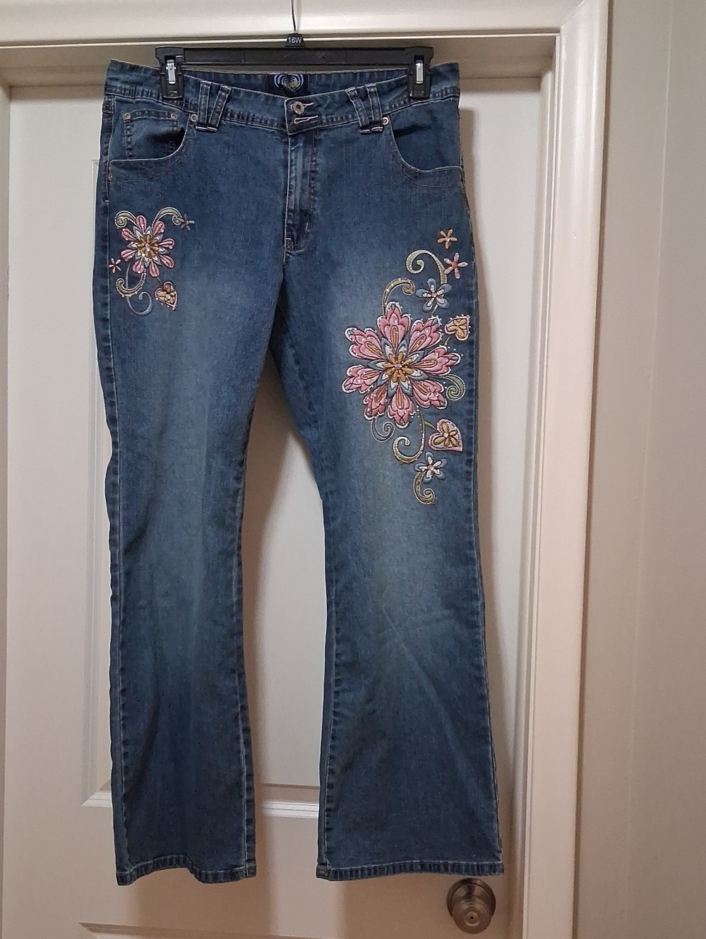 Angels Blue Boot-Cut Jeans with Pink & Gold Floral Embroidery